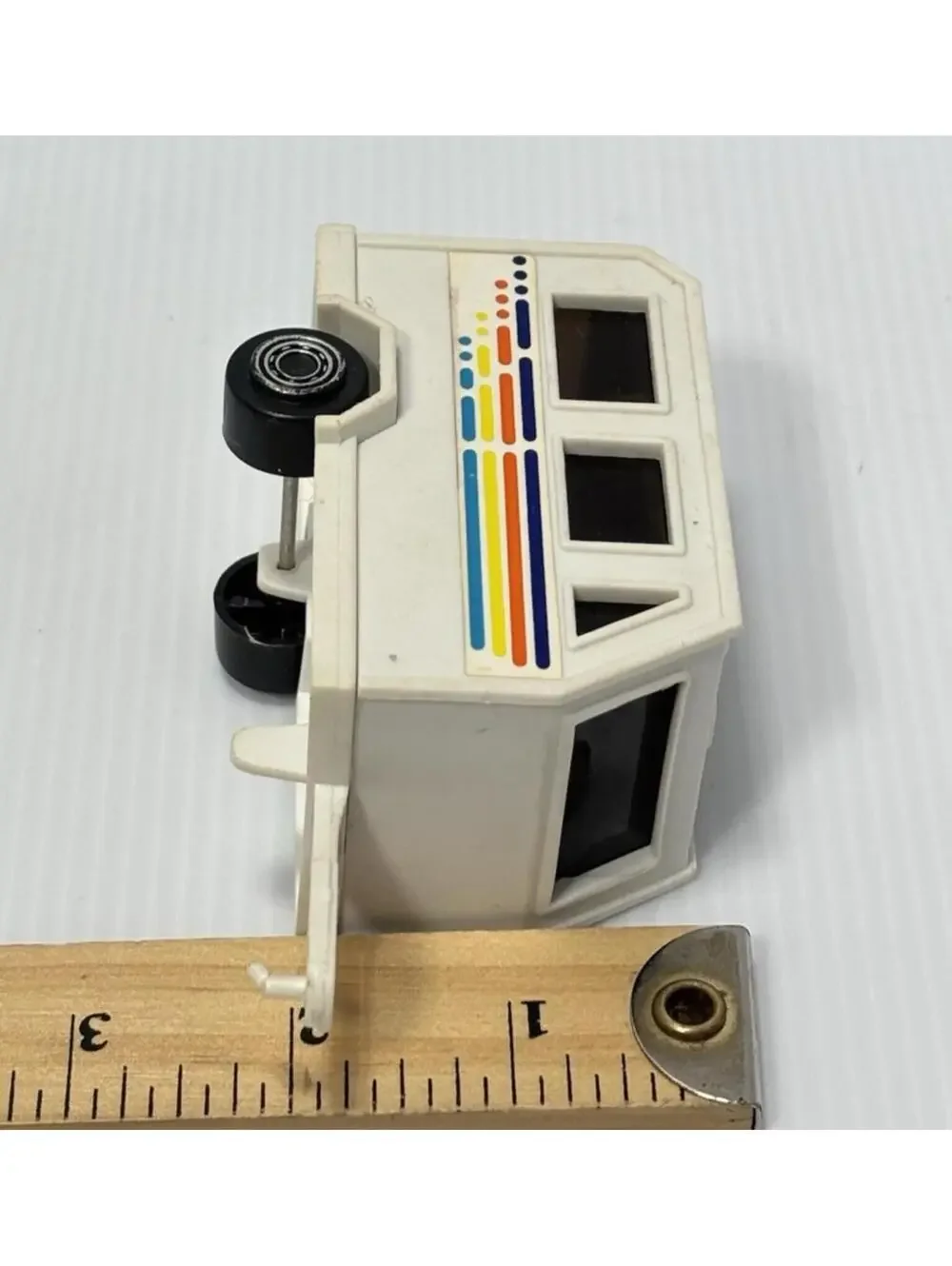 Camper Trailer Toy RV Caravan White Rainbow Stripe Vehicle Vintage Kids *as is